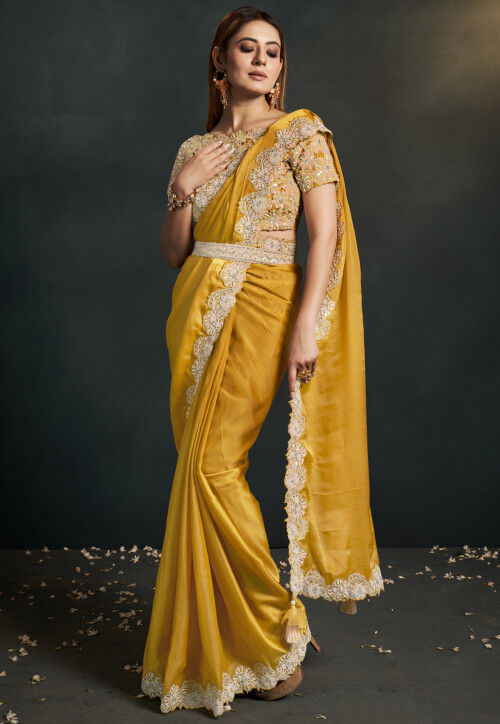 Popular Woven Zari Organza Mustard Yellow Saree|SARV116763