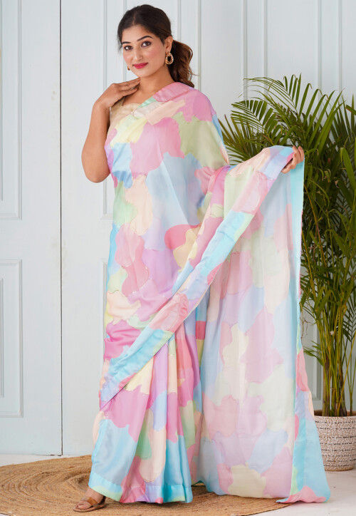 Pre Stitched Satin Georgette Saree in Multicolor