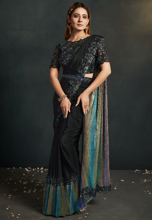 Pre Stitched Satin Saree in Black and Multicolor