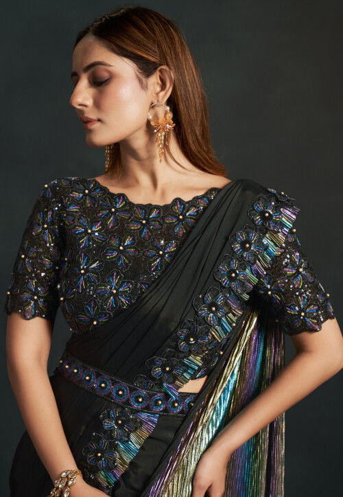 Pre Stitched Satin Saree in Black and Multicolor