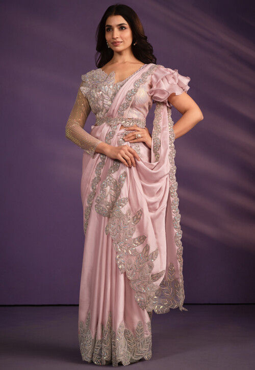 Pre Stitched Satin Saree in Light Pink