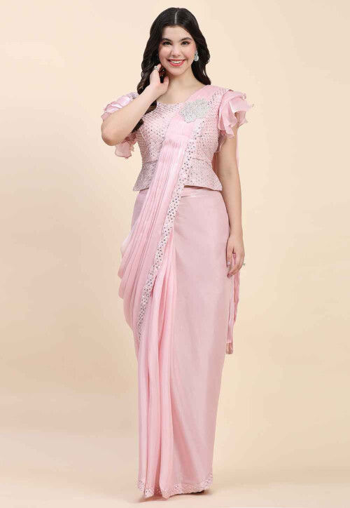 Pre Stitched Satin Saree in Pink