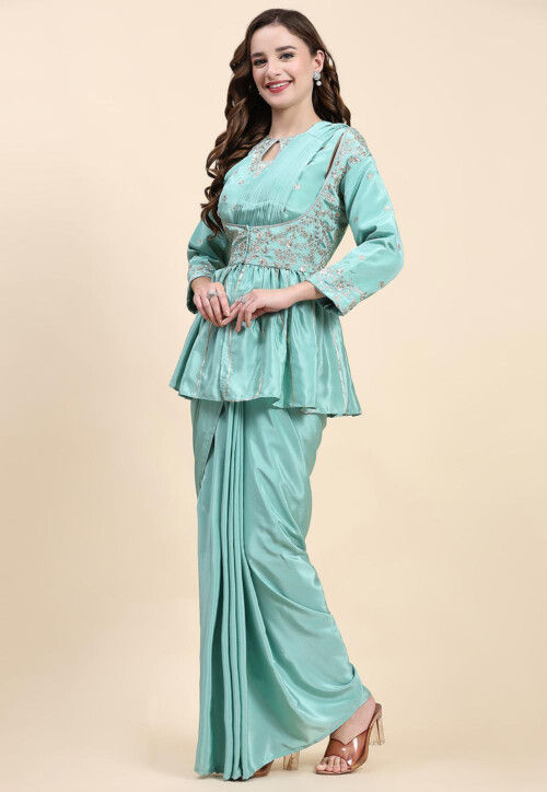 Buy Pre Stitched Satin Saree in Turquoise Blue Online : SDVA343 - Utsav ...