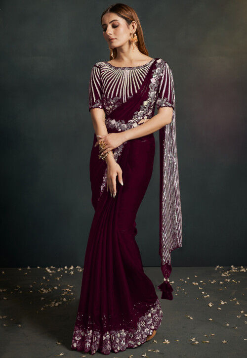 Pre Stitched Satin Saree in Wine