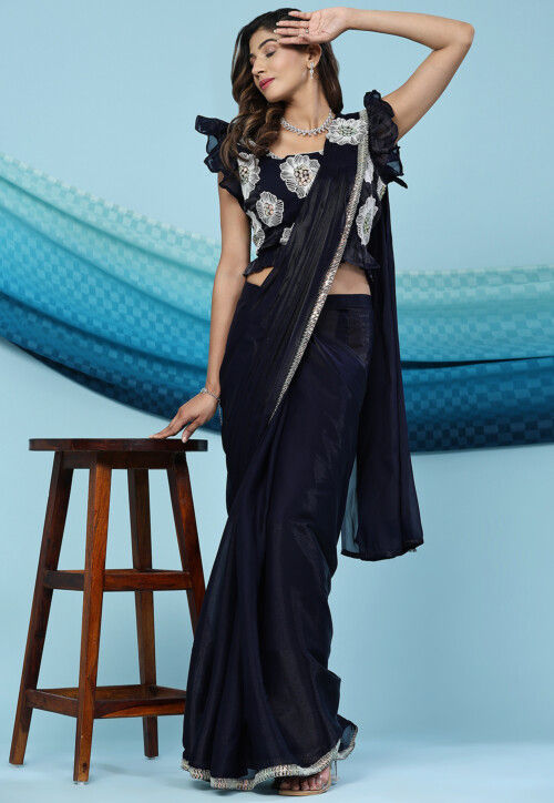 Pre Stitched Satin Silk Saree in Black