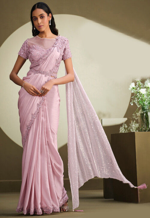 Pre Stitched Satin Silk Saree in Pink