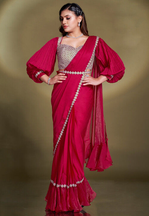 Pre Stitched Satin Silk Scalloped Saree in Red