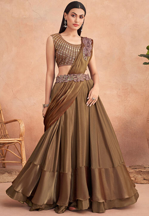 Designer Party Wear Fully Stitched Ready To Wear Lehenga Embroidered Saree  With Blouse