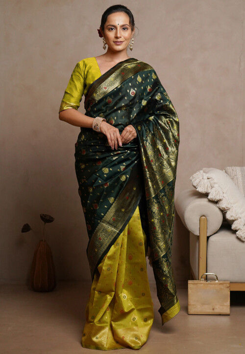 Pre-stitched Art Silk Saree in Dark Green and Light Green