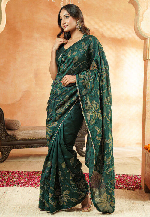 Embroidered Art Silk Saree in Teal Green