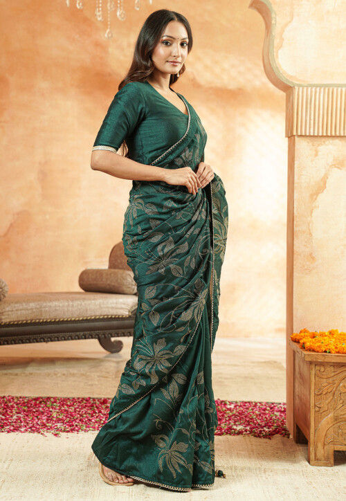 Embroidered Art Silk Saree in Teal Green