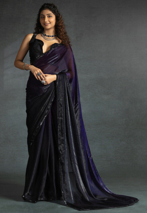 Pre-stitched Chiffon Shimmer Saree in Shaded Purple and Black