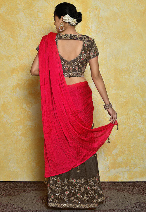 Pre-stitched Dupion Silk Saree in Coral Red and Dark Grey