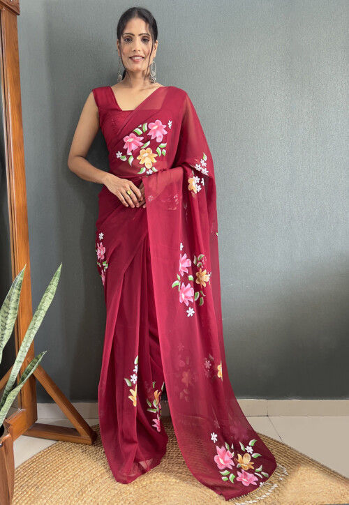 Pre-stitched Hand Painted Georgette Saree in Maroon