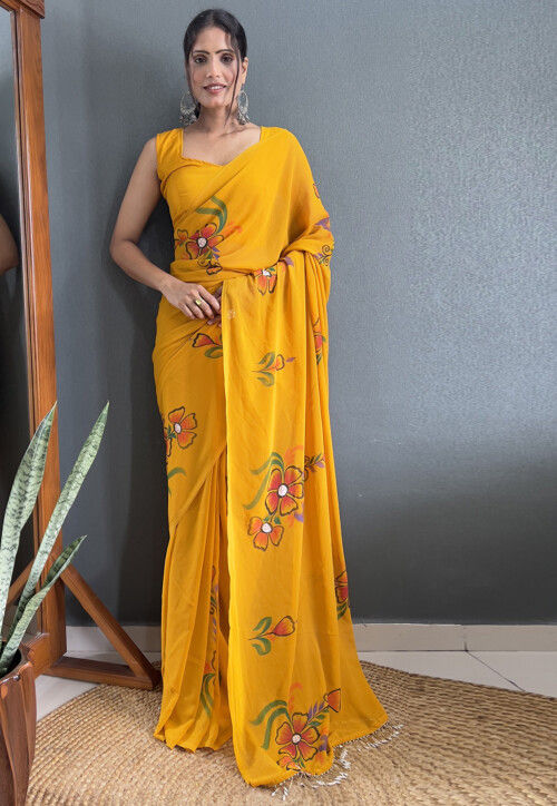 Pre-stitched Hand Painted Georgette Saree in Mustard