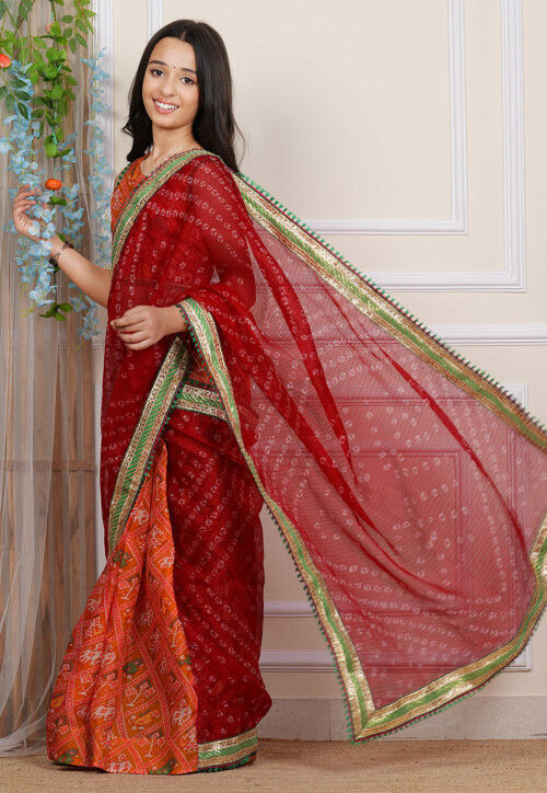 Pre-stitched Kota Silk Saree in Maroon and Orange