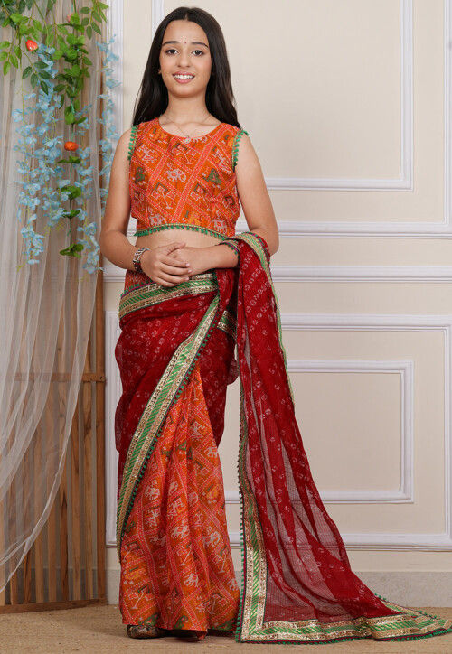 Pre-stitched Kota Silk Saree in Maroon and Orange