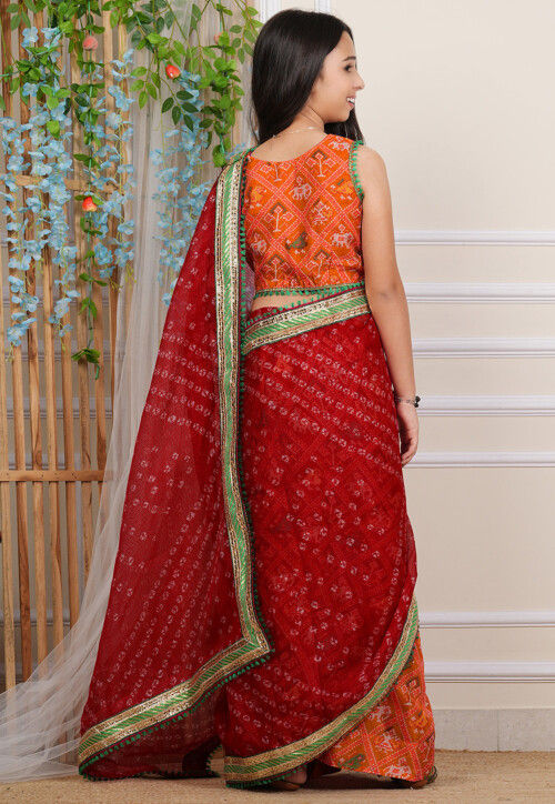 Pre-stitched Kota Silk Saree in Maroon and Orange