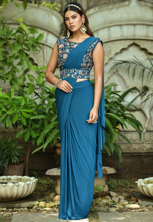 Buy Grey Lycra Ready-To-Wear Saree with Beadwork Blouse