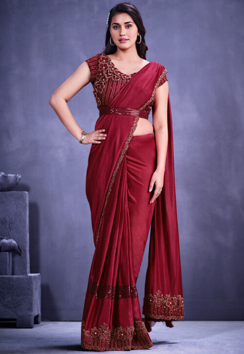Dark maroon plain pre-stitched ready to wear lycra saree dress with blouse