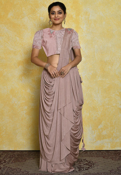 Pre-stitched Lycra Shimmer Saree in Old Rose