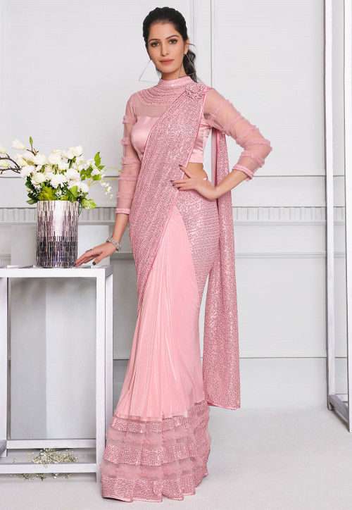 Prestitched Net Corsaged Saree in Light Pink