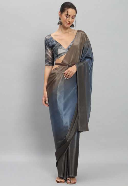 Pre-stitched Ombre Satin Saree in Shaded Blue and Grey