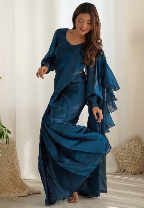 Pre-stitched Organza Saree in Teal Blue