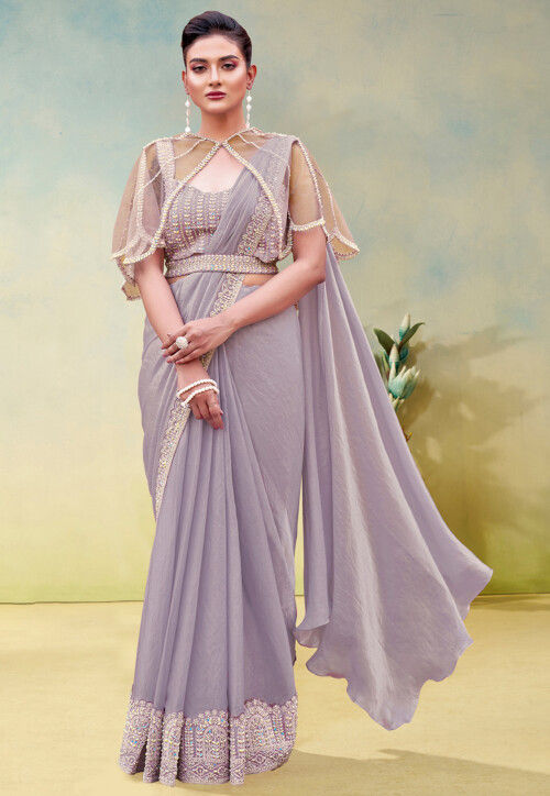 Pre-stitched Saree Satin Georgette Saree in Purple