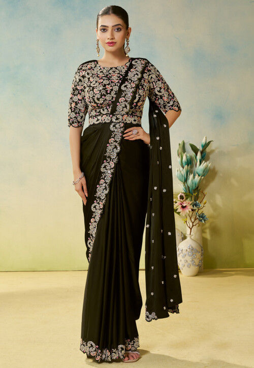 Pre-stitched Saree Satin Georgette Saree in Olive Green