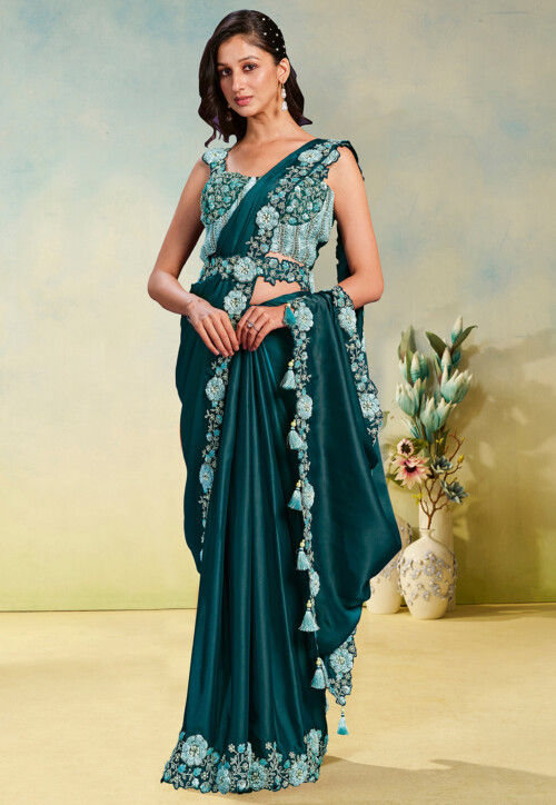 Pre-stitched Saree Satin Georgette Saree in Teal Green
