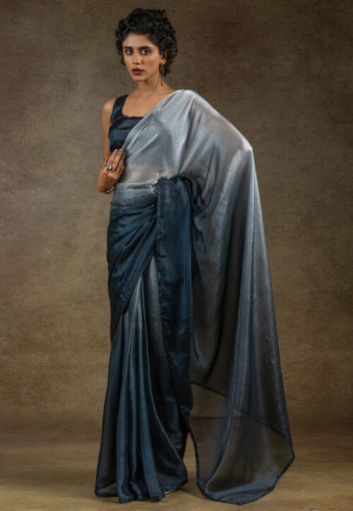 Pre-stitched Satin Chiffon Shimmer Saree in Shaded Grey and Blue