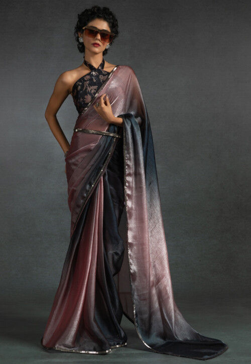 Pre-stitched Satin Chiffon Shimmer Saree in Shaded Peach and Black