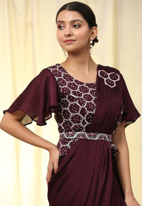 Pre-stitched Satin Georgette Butterfly Pallu Saree in Wine