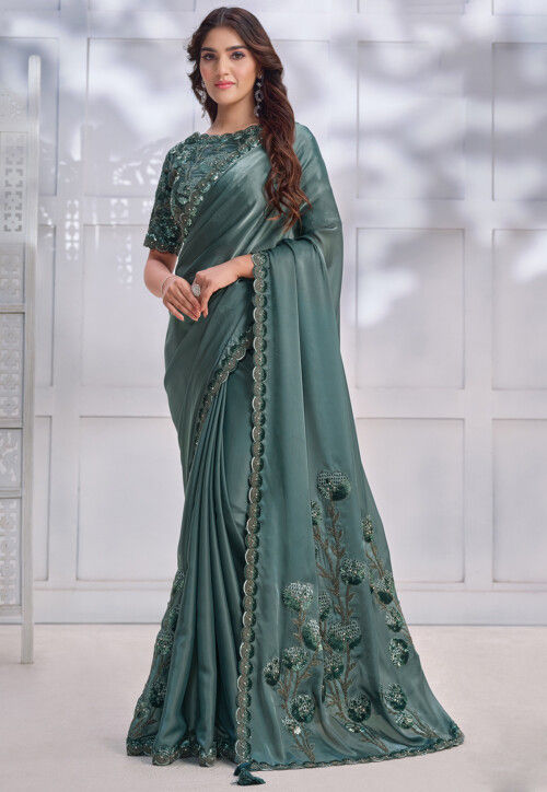 Pre-stitched Satin Saree in Dusty Green