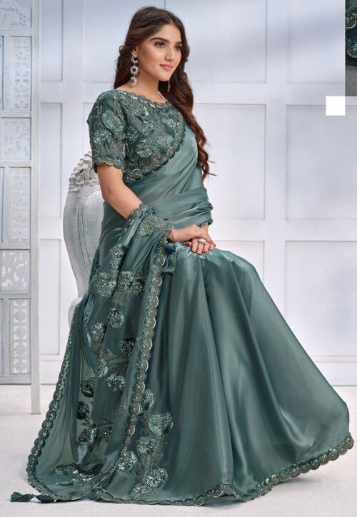 Pre-stitched Satin Saree in Dusty Green