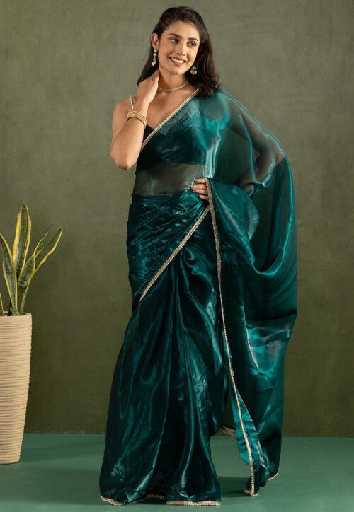 Pre-stitched Tissue Saree in Teal Green
