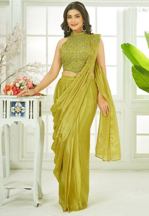 Pre-Stitched Tissue Silk Saree in Green