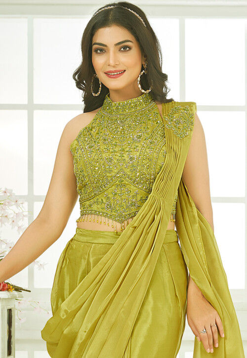 Pre-Stitched Tissue Silk Saree in Green