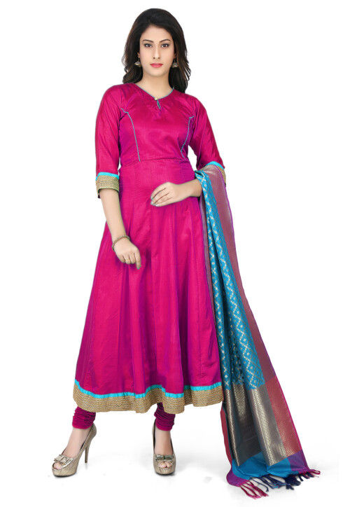 Buy Chanderi silk women's color blocked long Anarkali Kurti Online India