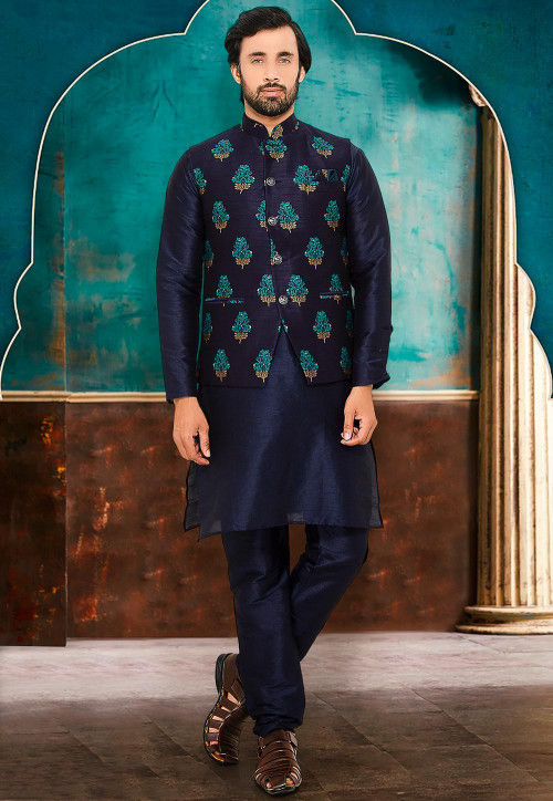 Buy KISAH Men's Ethnic Wear Regular Fit Embellished Cotton Navy Blue Nehru  Jacket (S) at Amazon.in