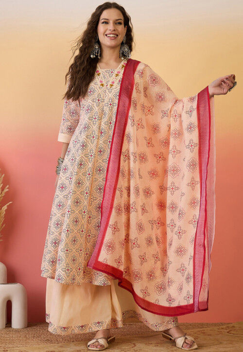 Printed Art Silk Anarkali Suit in Light Beige