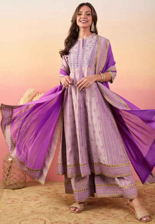 Printed Art Silk Anarkali Suit in Light Purple