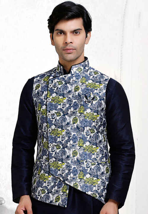 Printed Art Silk Asymmetric Nehru Jacket in Off White and Blue