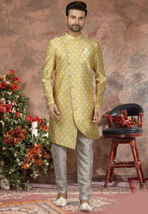Printed Art Silk Asymmetric Sherwani in Yellow
