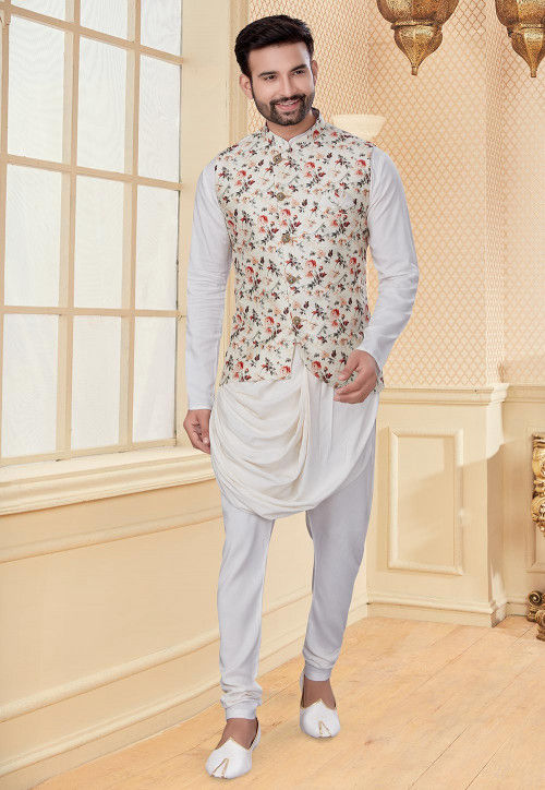 Printed Art Silk Cowl Style Kurta Jacket Set in Off White