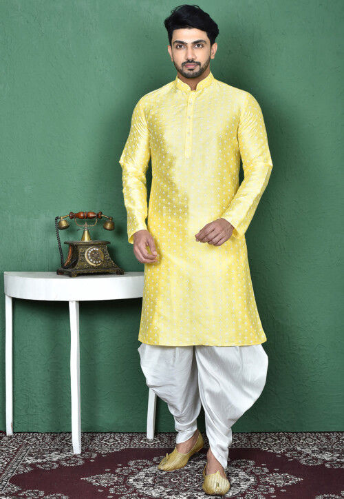 Printed Art Silk Dhoti Kurta in Yellow