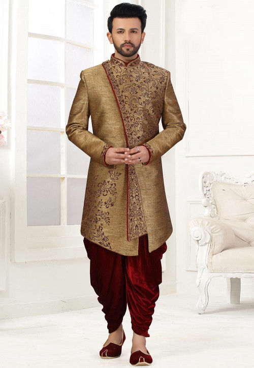 Printed Art Silk Dhoti Sherwani in Beige MYV954