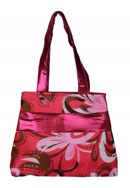 Printed Art Silk Hand Bag in Pink