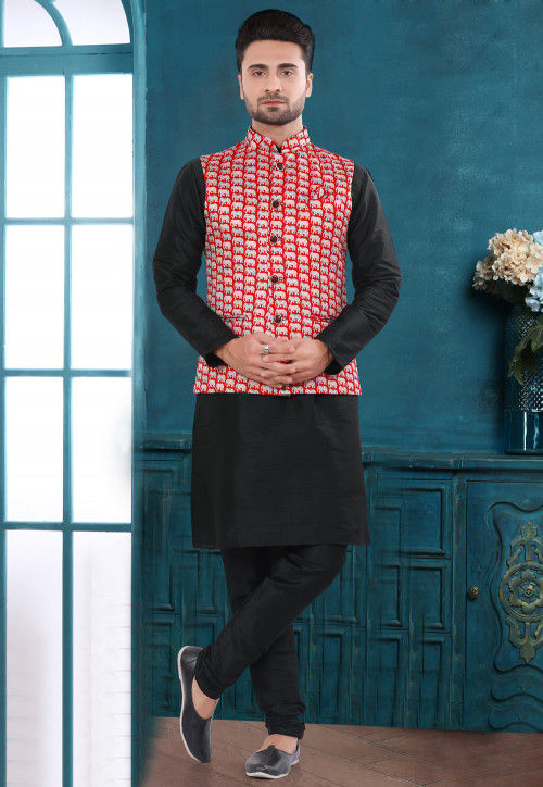 Black kurta and red jacket deals
